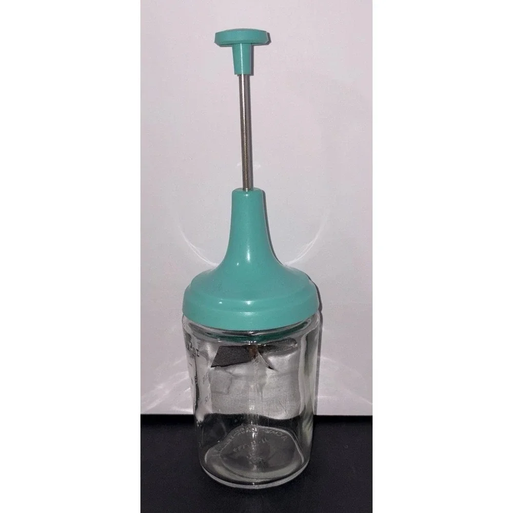 Vintage 1970's ACME Made in the USA Turquoise Glass Manual Food Nut Chopper